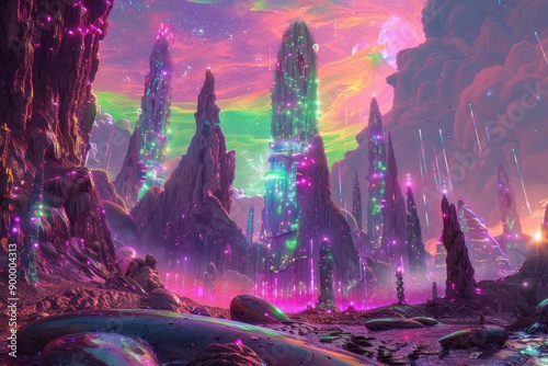 Alien landscape with vibrant glowing crystal formations