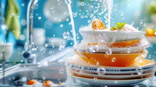 Colorful dishes being washed in a kitchen sink with water splashes, soap bubbles, and a bright, clean backdrop.