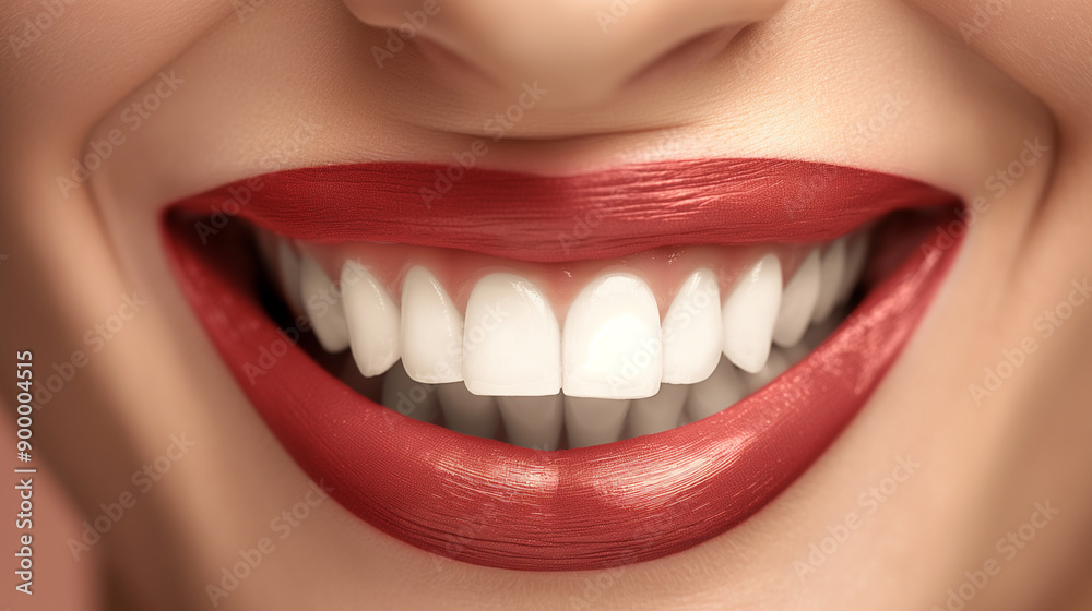 Obraz premium Close-up of a smiling woman with bright red lipstick and perfect white teeth. Beauty and dental care concept. Healthy smile and cosmetics.