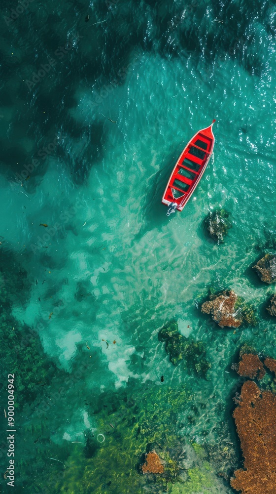 Drone Perspective of Red Boat in Clear Ocean Drone Perspective of Red Boat in Clear Ocean