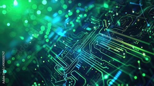 Futuristic Abstract Digital Background with Green and Blue Tones  Featuring Circuit Board Elements and Glowing Lights  Representing Advanced Technology  Computer Science  and Artificial Intelligence 
