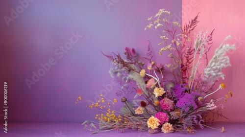 Dried flower arrangement on purple pink backdrop photo