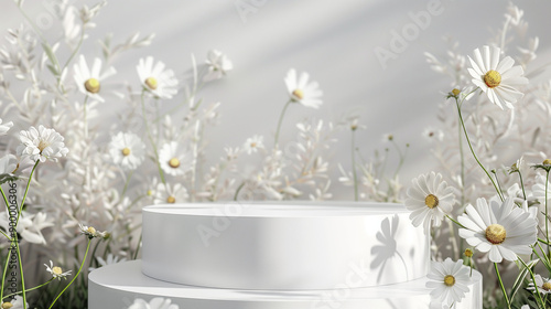 Elegant White Podium Display with Floral Arrangement in 3D Spring Setting for Beauty Products Showcase photo