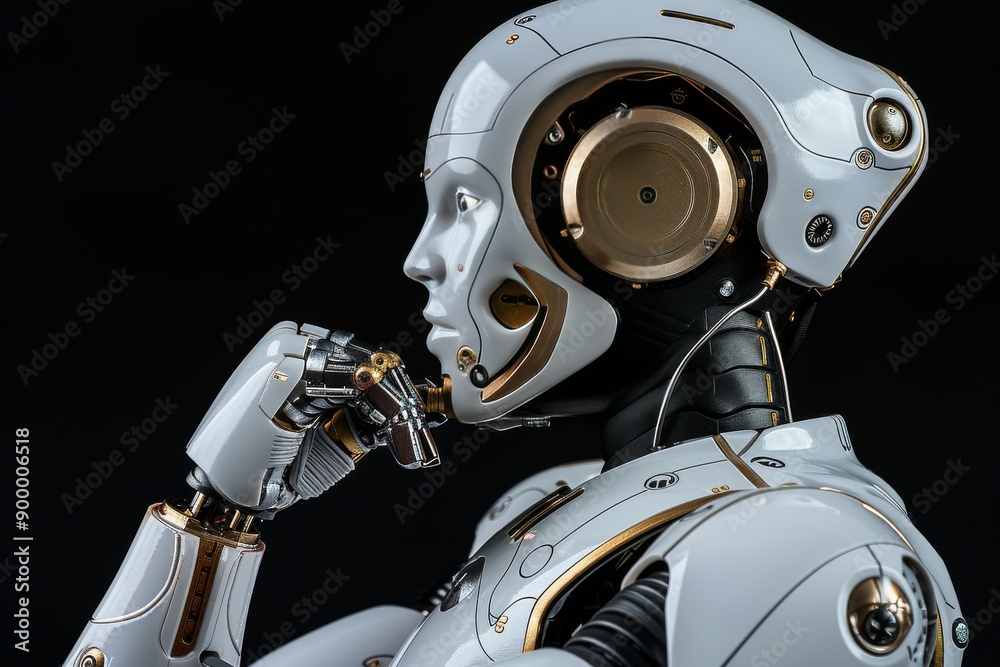 Fototapeta premium Futuristic robot head in a thoughtful pose advanced and innovative design cyber and technological setting