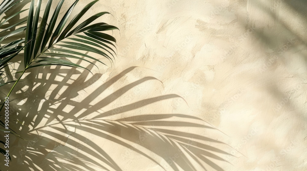 Empty palm shadow one color texture pattern cement wall background. Used for presentation business nature organic cosmetic products for sale shop online. Summer tropical beach - generative ai Empty palm shadow one color texture pattern cement wall background. Used for presentation business nature organic cosmetic products for sale shop online. Summer tropical beach - generative ai