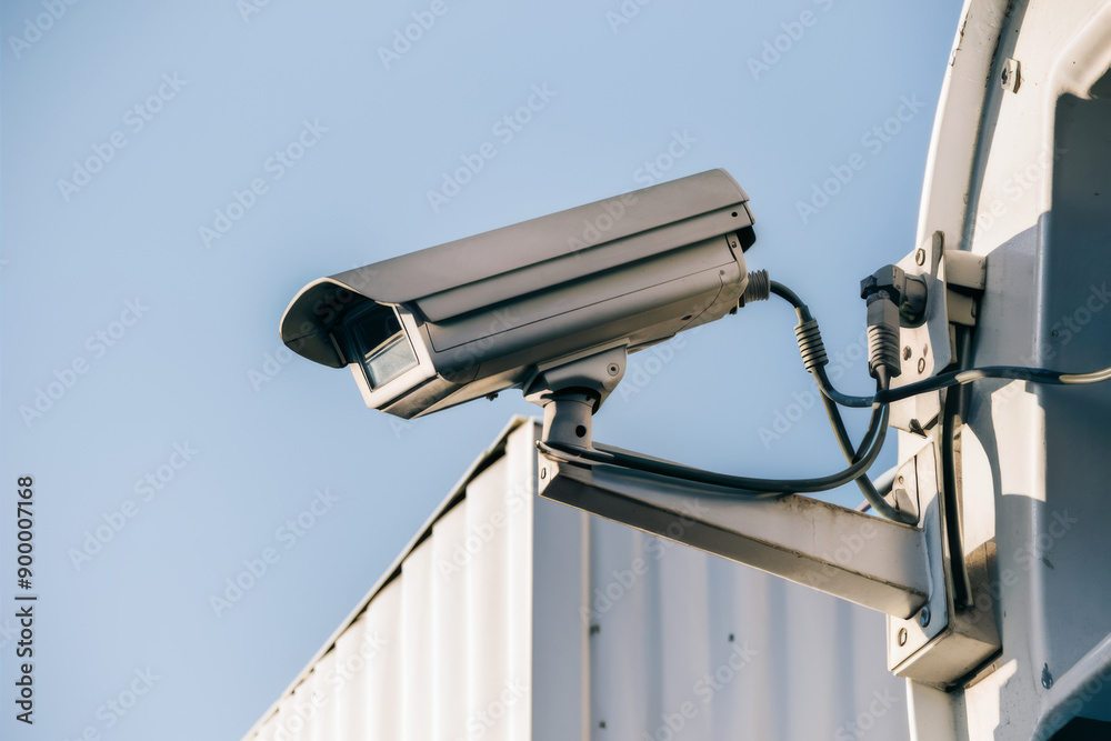 Modern Security Camera Mounted on Pole Against Clear Blue Sky for Surveillance and Safety. Modern Security Camera Mounted on Pole Against Clear Blue Sky for Surveillance and Safety.