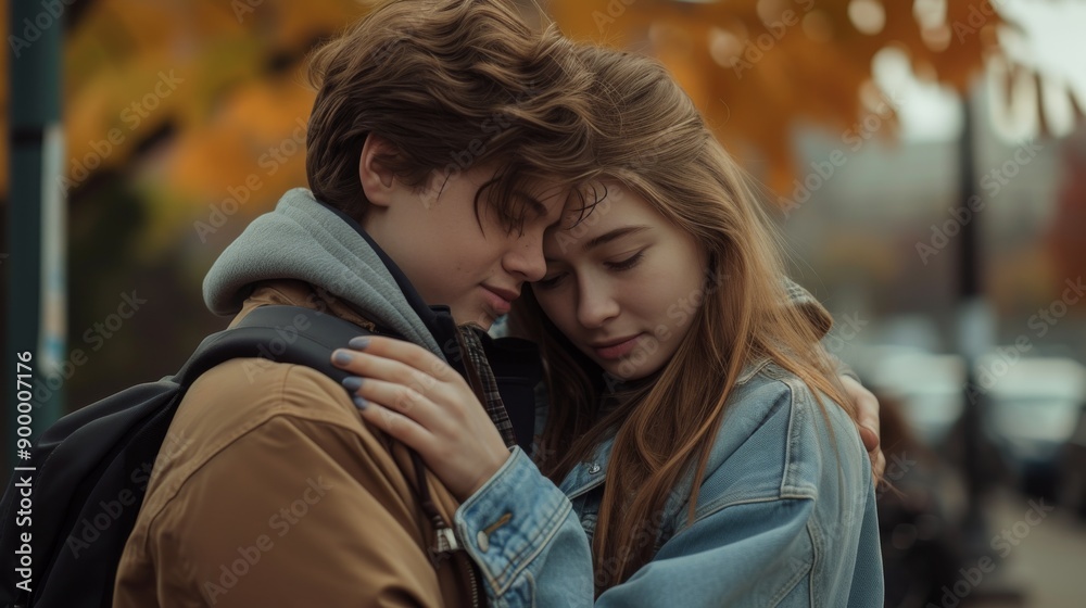 Obraz premium A young couple shares a tender embrace in an autumn park. The golden leaves in the background and their cozy clothing add warmth to this intimate moment.