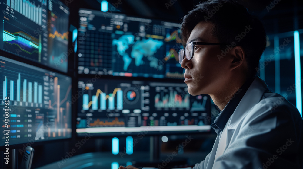 A focused individual analyzing data on multiple computer screens in a high-tech, darkened environment, depicting a modern data analysis or cybersecurity setup. A focused individual analyzing data on multiple computer screens in a high-tech, darkened environment, depicting a modern data analysis or cybersecurity setup.
