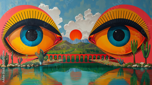 Surreal landscape with giant eyes, colorful bridge, cacti, and a vivid sunset over a reflective lake