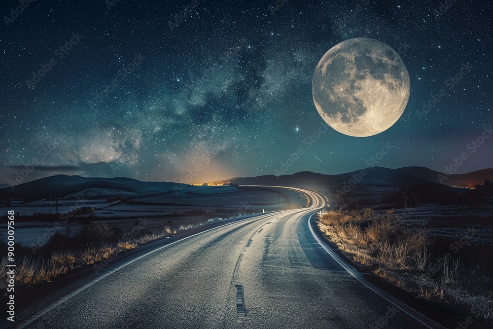 Fototapeta premium Full moon shining brightly over a long, empty road.