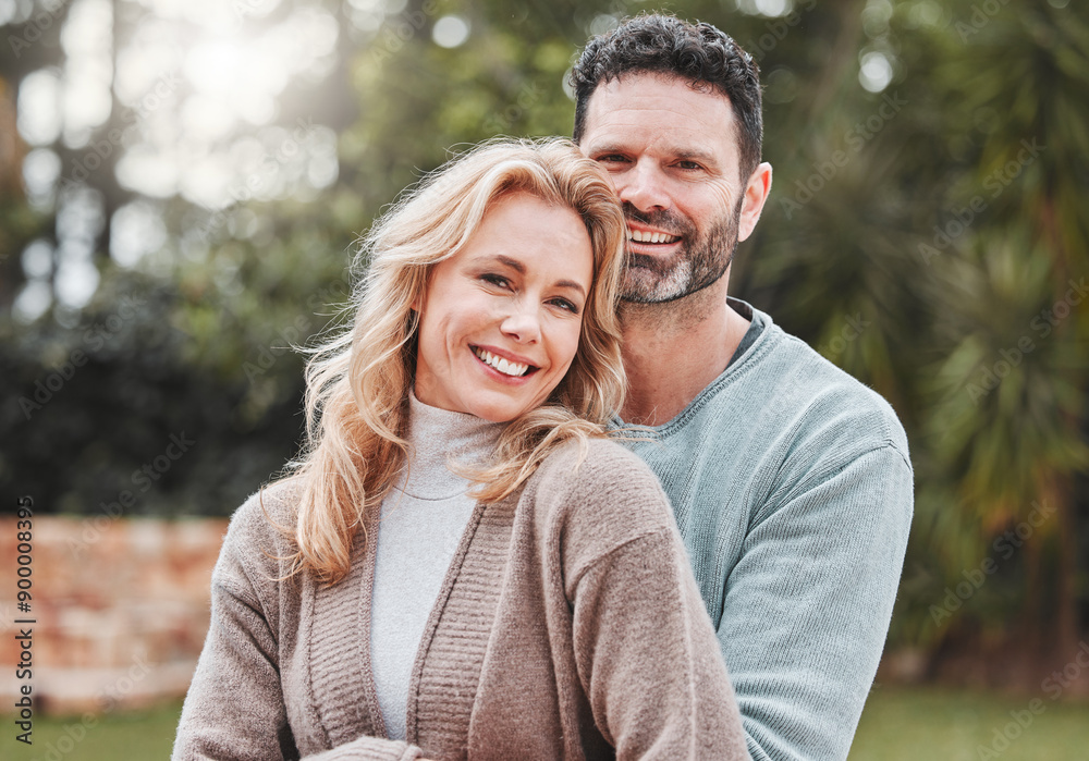 Φωτογραφία Couple, portrait and hug for park happiness, love and affection for marriage on holiday