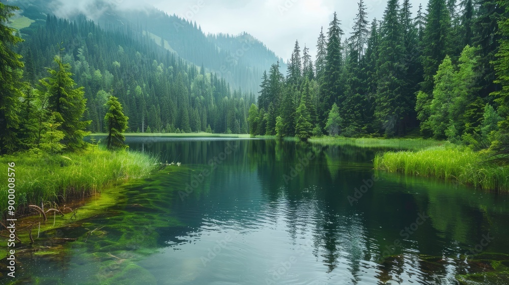 Fototapeta premium Beautiful landscape view of green summer forest with spruce and pine trees mountain, lake, river. Adventure travel nature background. Ecosystem ecology healthy environment - generative ai