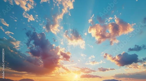 Sunset on blue sky. Blue sky with some clouds. blue sky clouds, summer skies, cloudy blue sky - generative ai © ImronDesign
