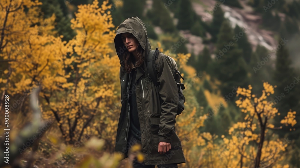 A woman hiker in a green hooded jacket and backpack explores an autumn forest with vibrant yellow foliage. The scene captures the essence of outdoor adventure and the beauty of nature during the fall A woman hiker in a green hooded jacket and backpack explores an autumn forest with vibrant yellow foliage. The scene captures the essence of outdoor adventure and the beauty of nature during the fall