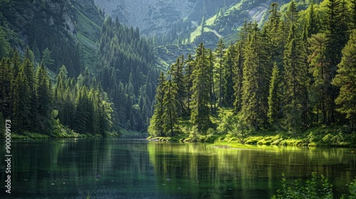 Beautiful landscape view of green summer forest with spruce and pine trees mountain, lake, river. Adventure travel nature background. Ecosystem ecology healthy environment - generative ai