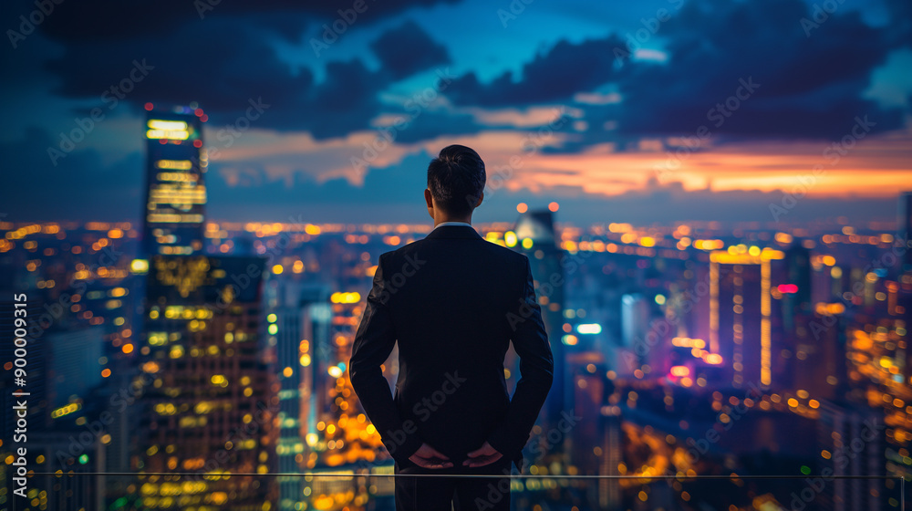 Businessman looking at city skyline during sunset. Urban professional in suit contemplating cityscape. Corporate success and ambition concept. Back view of executive in metropolis. Businessman looking at city skyline during sunset. Urban professional in suit contemplating cityscape. Corporate success and ambition concept. Back view of executive in metropolis.