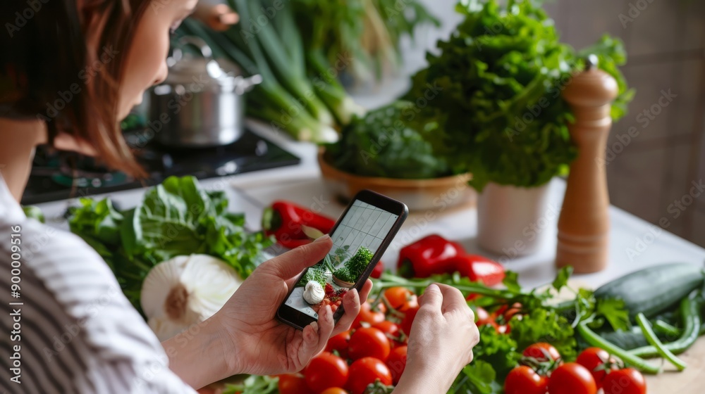 Woman taking a close-up photo of vegetables in a kitchen with her smartphone. Food blogging and healthy eating concept for social media. Woman taking a close-up photo of vegetables in a kitchen with her smartphone. Food blogging and healthy eating concept for social media.
