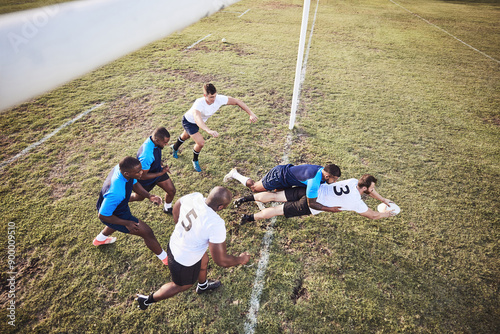 Rugby, team and diving with ball for touchdown or win score with a try, tackle and competitive sports or game. Above, athlete and field for football or running for championship tournament and match.