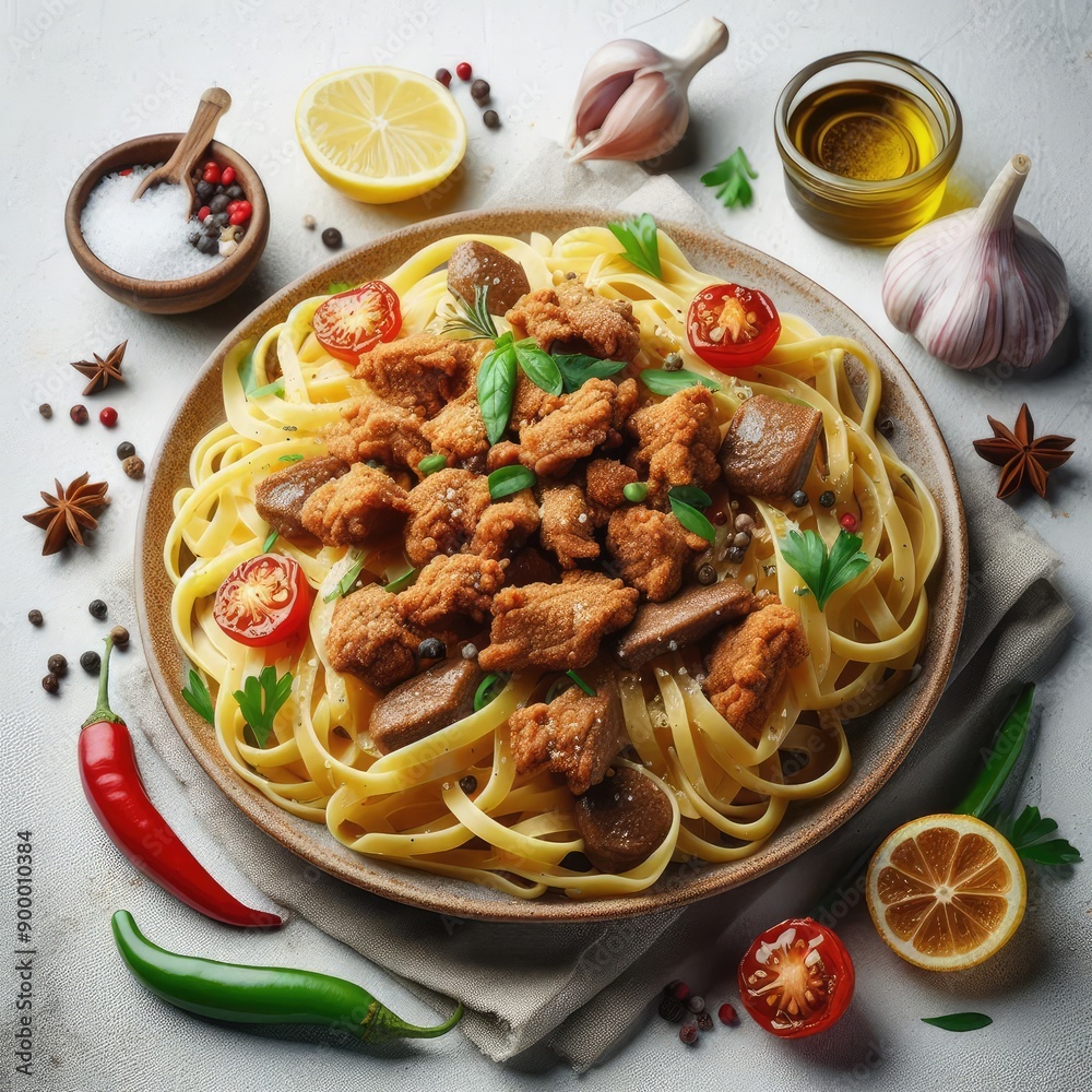 Golden pasta linguine with crispy fried chicken liver isolated on a white background Golden pasta linguine with crispy fried chicken liver isolated on a white background