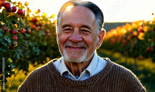 Close-up portrait video of a satisfied man in his 90s that is wearing a chic cardigan against a sunlit apple orchard with ripe apples on trees background