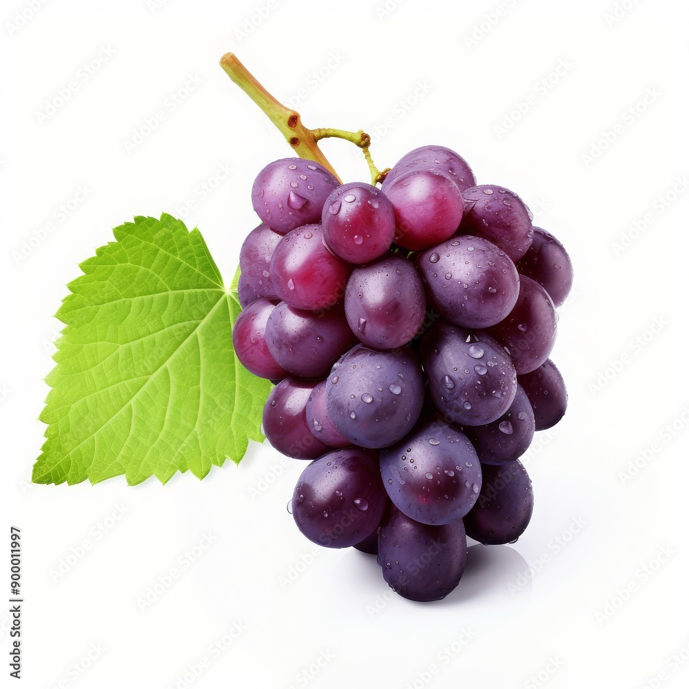 Fototapeta premium Fresh, ripe purple grapes with leaves, isolated on a white background. Perfect for health, food, and beverage themes.
