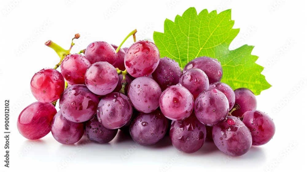 Fototapeta premium Fresh, Juicy Red Grapes with Leaf Isolated on White. Perfect for Health, Food, and Beverage Photography