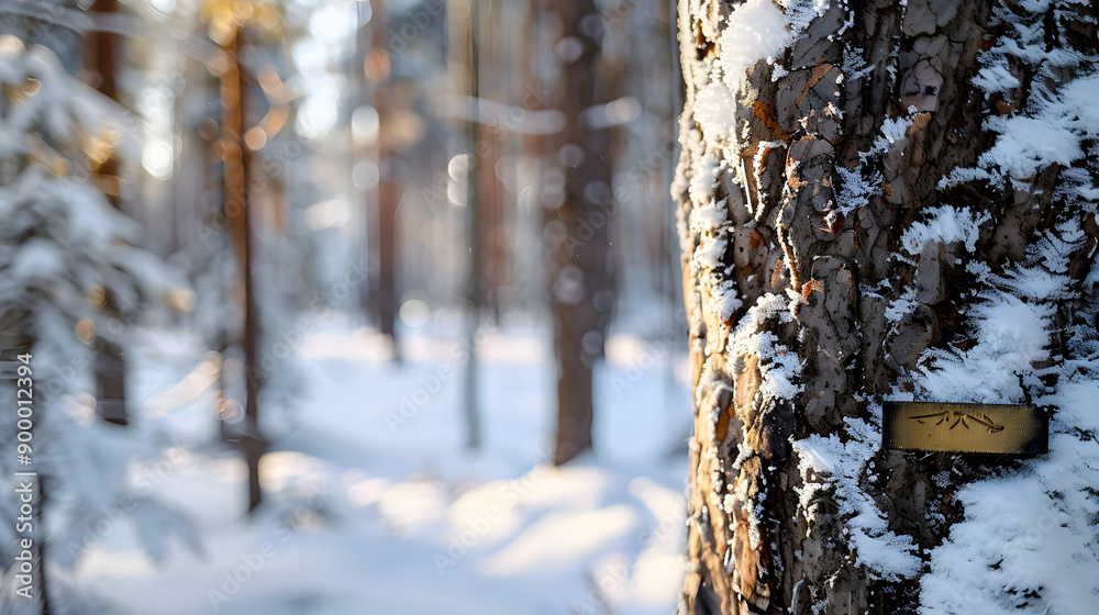 Fototapeta premium Detailed image of tree trunk with snow and trail signal with blurred snowy forest backdrop