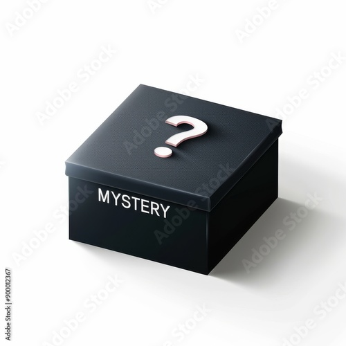 Unveiling the Unknown: A sleek black mystery box beckons with a single white question mark, promising intrigue and surprise.  photo