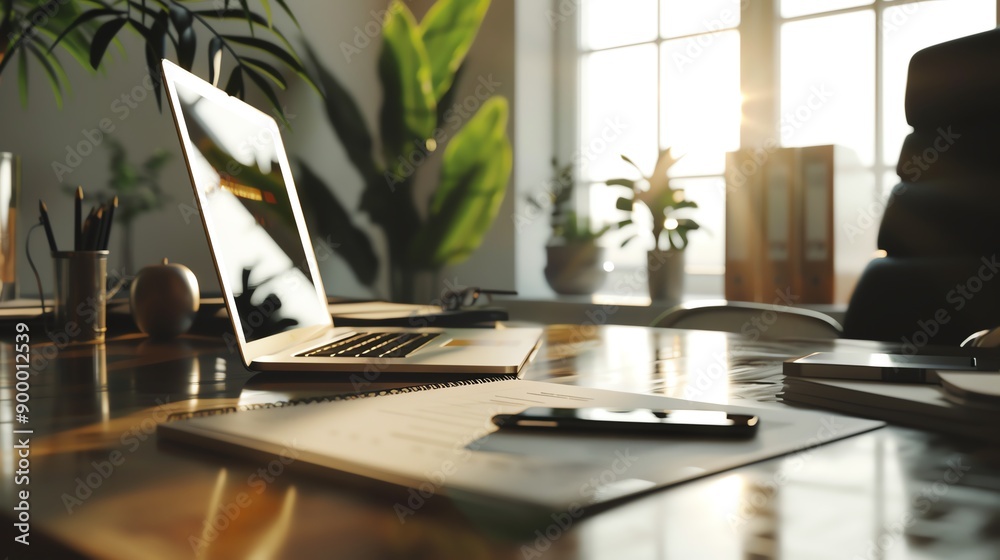 Modern home office with sunlight streaming through the window, featuring a laptop, notebook, and smartphone on a wooden desk. Modern home office with sunlight streaming through the window, featuring a laptop, notebook, and smartphone on a wooden desk.