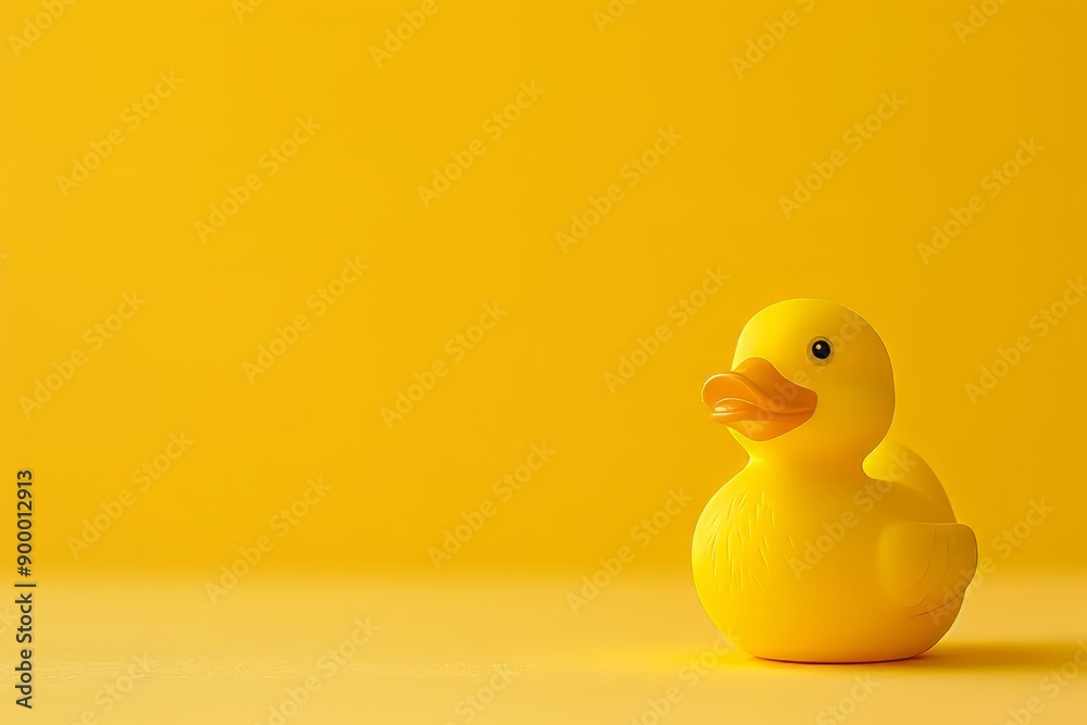 A yellow rubber duck toy sits on a yellow background A yellow rubber duck toy sits on a yellow background