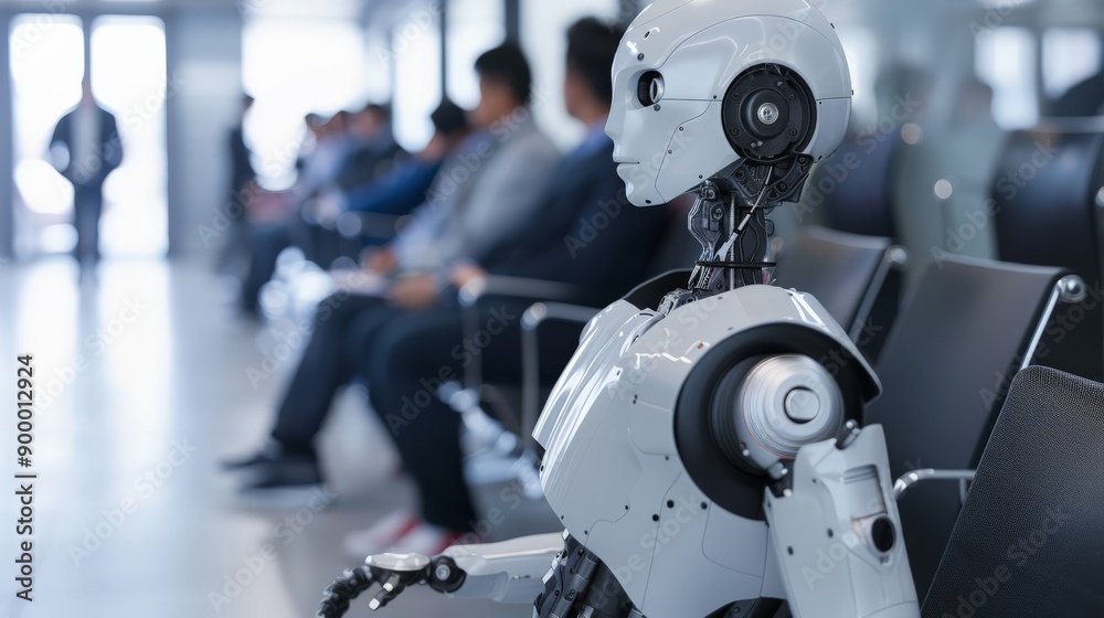 Robot waiting in a sleek office waiting area with diverse job applicants. Integration of AI in professional environments. Robot waiting in a sleek office waiting area with diverse job applicants. Integration of AI in professional environments.
