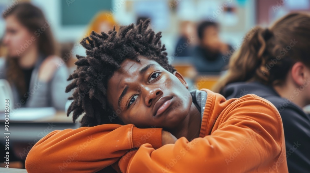 A young student in an orange hoodie daydreams during a class. His contemplative expression and relaxed pose capture a moment of reflection in an educational setting, surrounded by other focused A young student in an orange hoodie daydreams during a class. His contemplative expression and relaxed pose capture a moment of reflection in an educational setting, surrounded by other focused