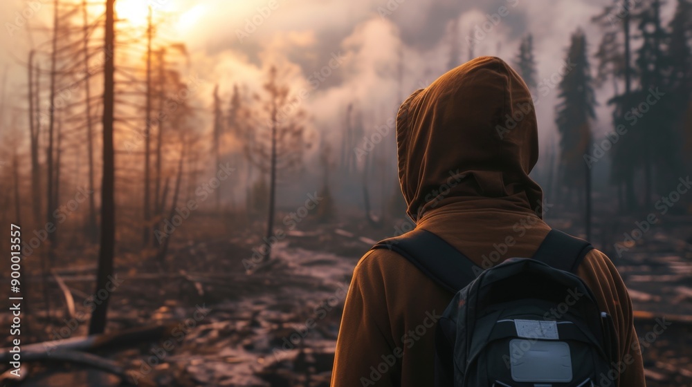 A person in a hoodie observes the aftermath of a forest fire, with charred trees and a smoky sky creating a reflective and somber atmosphere. A person in a hoodie observes the aftermath of a forest fire, with charred trees and a smoky sky creating a reflective and somber atmosphere.