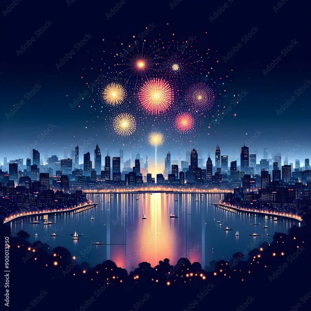 Obraz premium City Lights and Fireworks.