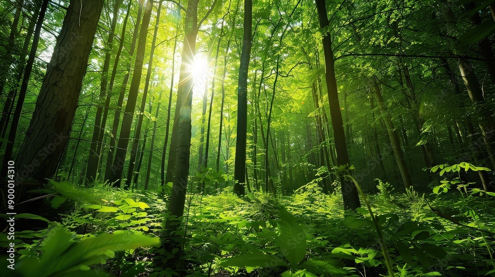 Obraz premium Sunlight Breaking Through Dense Forest Canopy