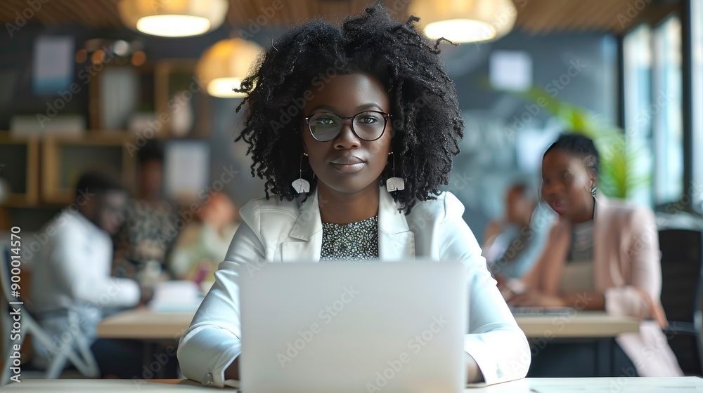 Attractive african young confident businesswoman sitting at the office table with group of colleagues in the background, working on laptop computer - generative ai Attractive african young confident businesswoman sitting at the office table with group of colleagues in the background, working on laptop computer - generative ai