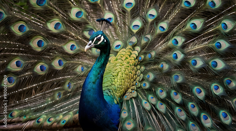 Obraz premium Peacock with Spread Tail Feathers Displaying Eye Spots