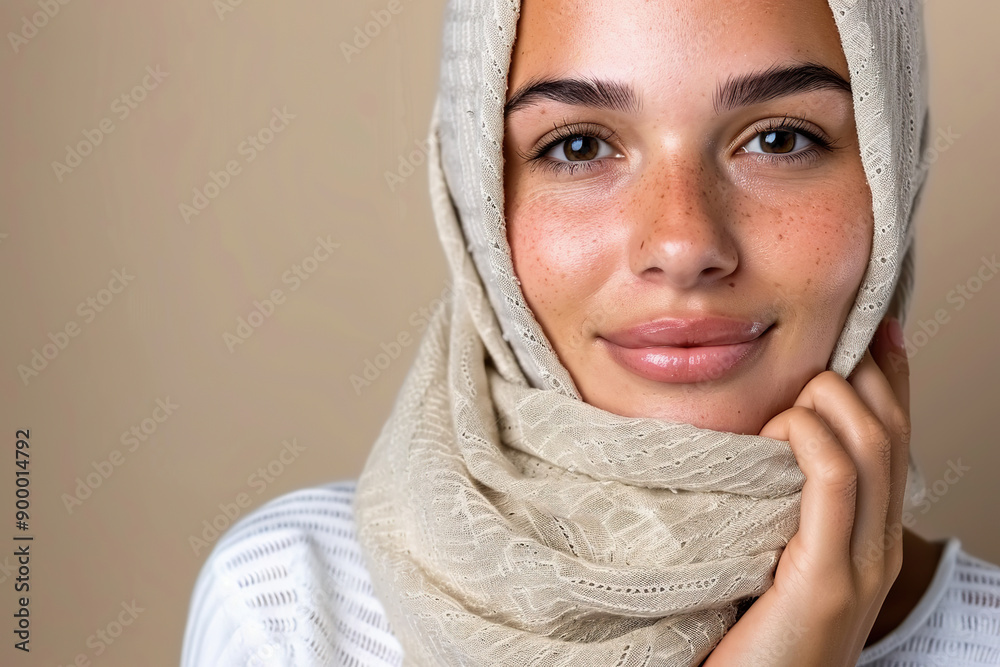A young woman with a warm smile gently touches her face while wearing a light colored headscarf, exuding confidence and grace in a neutral setting. A young woman with a warm smile gently touches her face while wearing a light colored headscarf, exuding confidence and grace in a neutral setting.