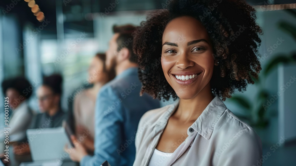 Fototapeta premium Smiling confident business leader looking at camera and standing in an office at team meeting. Portrait of confident businesswoman with colleagues in boardroom. Using digital tablet - generative ai