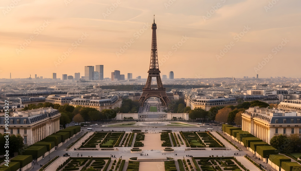Fototapeta premium Eiffel Tower and Parisian Skyline at Sunset