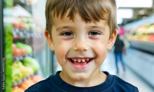 Portrait of a smiling little boy standing in front of a grocery store
