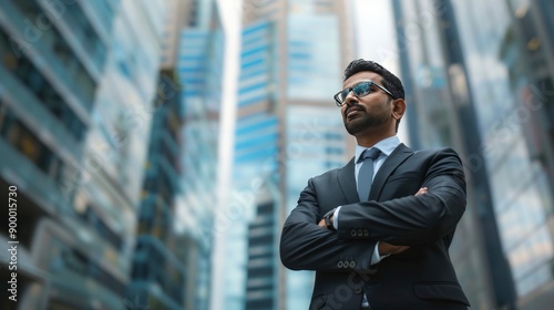 Confident rich eastern indian business man executive standing in modern big city looking and dreaming of future business success, thinking of new goals, business vision and leadership, generative ai © ImronDesign