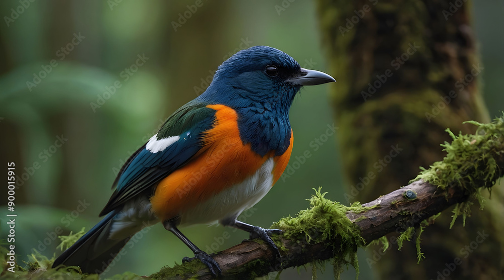 Colorful Bird Perched on Moss-Covered Branch Colorful Bird Perched on Moss-Covered Branch
