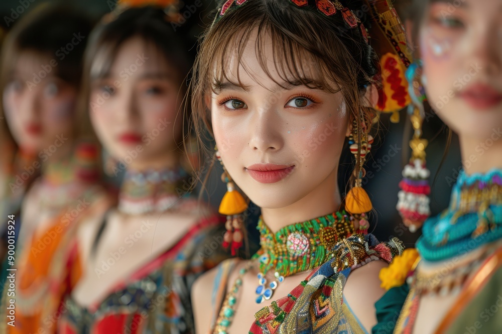 Fototapeta premium Models on a runway, dressed in intricate traditional attire, representing various cultures. The image captures the elegance and diversity of international fashion.