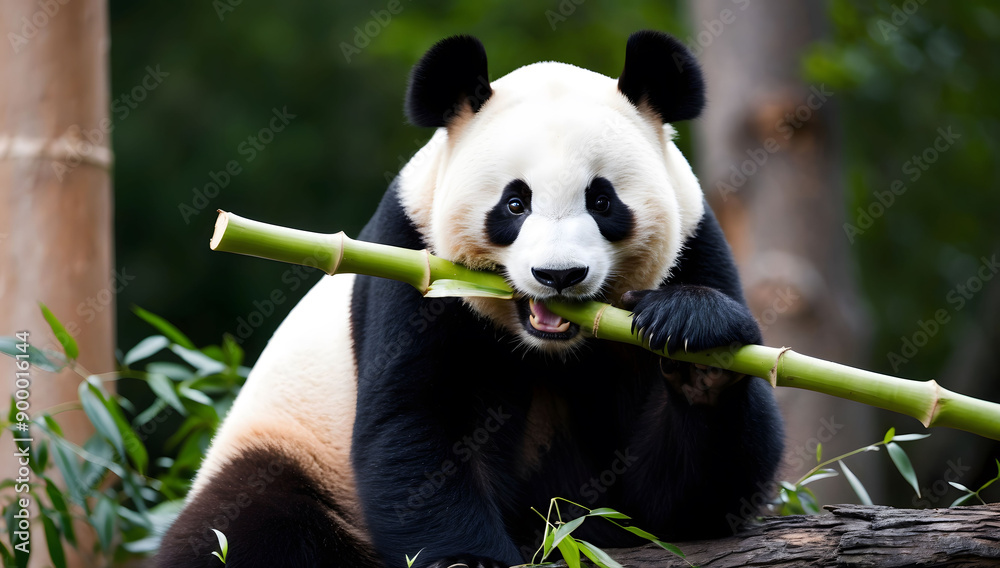 Obraz premium A Giant Panda Eating Bamboo in a Lush Green Forest