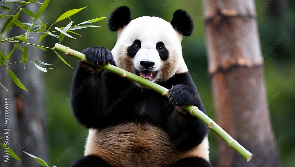 Obraz premium Giant Panda Eating Bamboo in Lush Green Habitat
