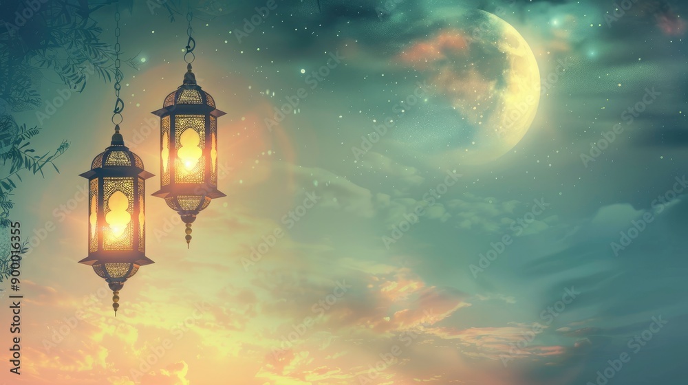 Islamic greetings ramadan kareem card design template. Space for text. background with beautiful lantern and crescent. Post-processed, generative ai Islamic greetings ramadan kareem card design template. Space for text. background with beautiful lantern and crescent. Post-processed, generative ai