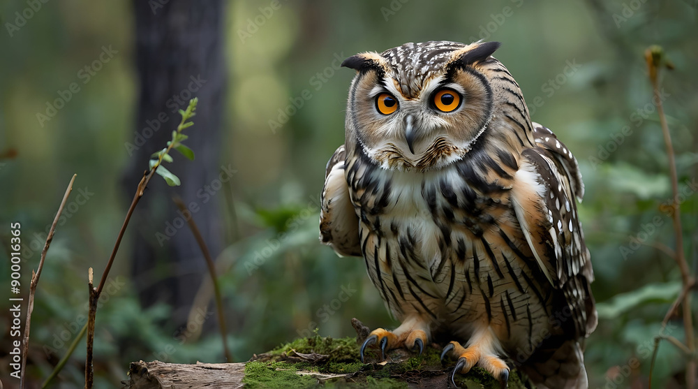 A Long-eared Owl Perched on a Branch in a Forest A Long-eared Owl Perched on a Branch in a Forest