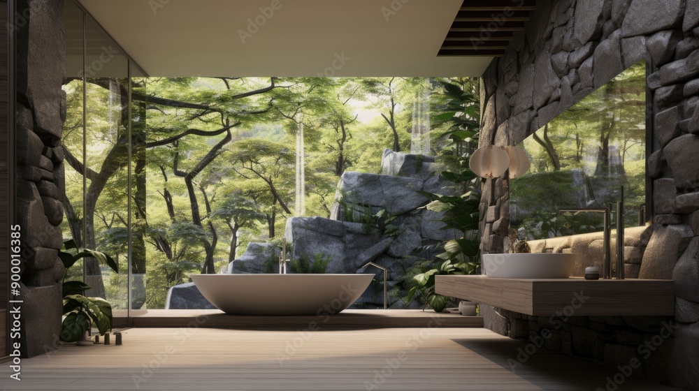 Modern Bathroom with Stone Wall and Forest View Modern Bathroom with Stone Wall and Forest View