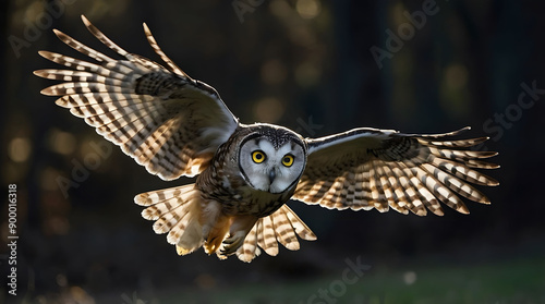 Barred Owl in Flight with Spread Wings and Yellow Eyes